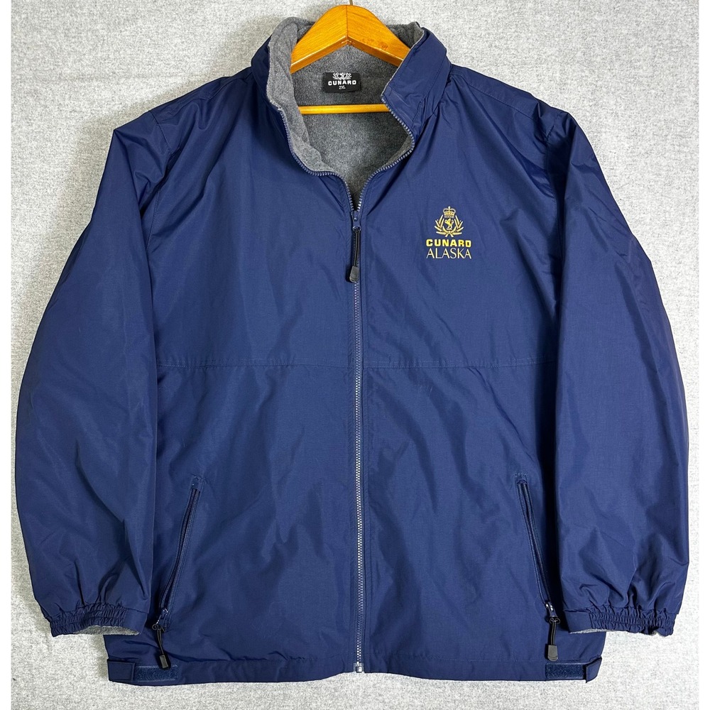 Cunard Alaska Cruise Jacket Men 2XL Blue Fleece Lined Full Zip Windbreaker Hood